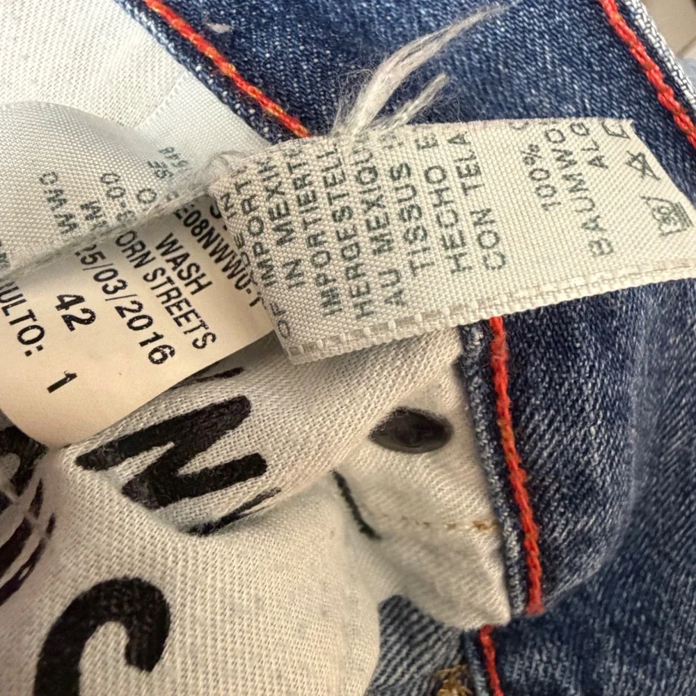True Religion Mens Geno Distressed Jeans 42 Blue Red Backed Ripped Y2K Flap